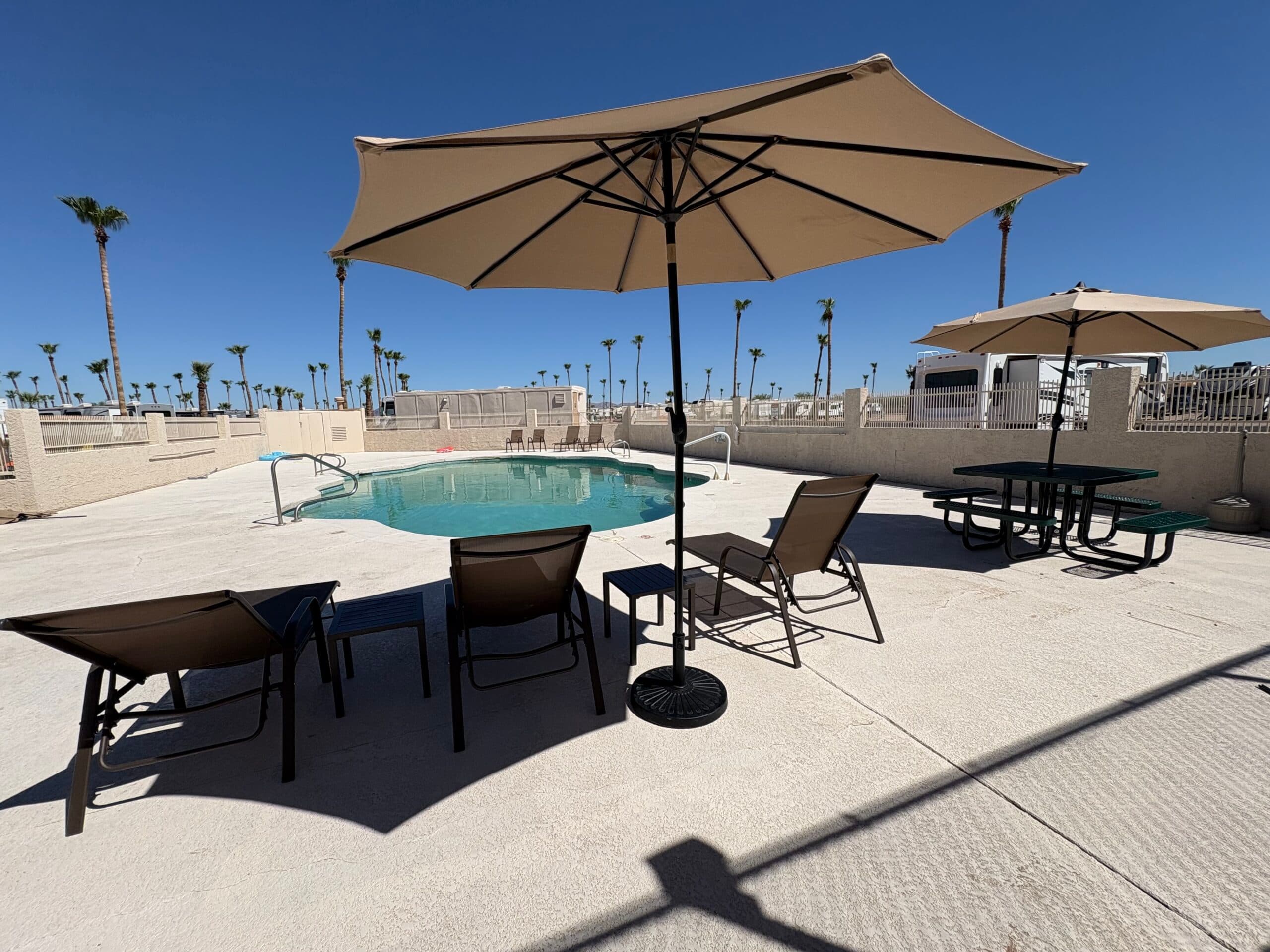 The pool at Saddle Mountain RV Park, with loungers and shade umbrellas on the deck and palms beyond the fence.