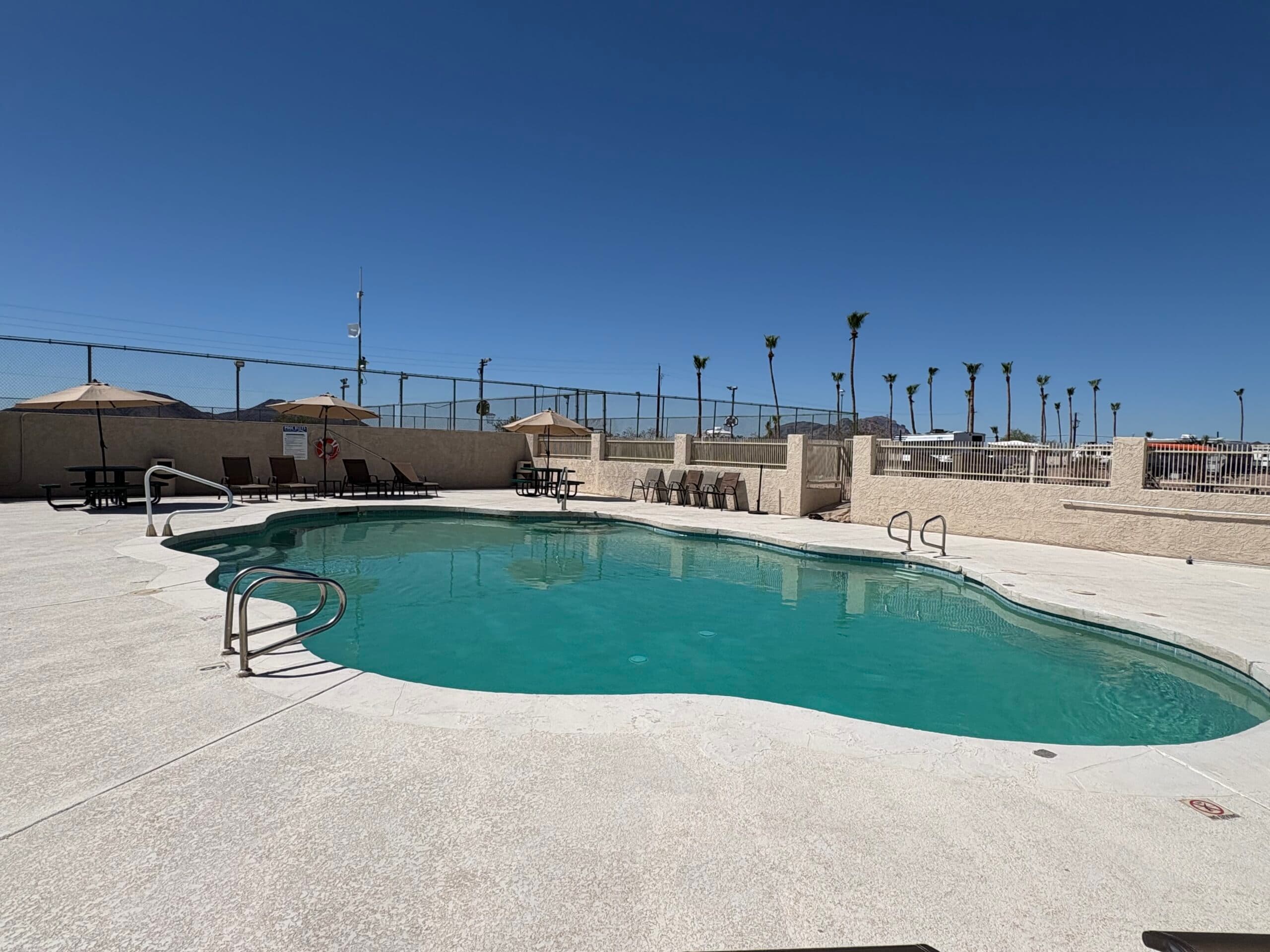The swimming pool at Saddle Mountain RV Park, with shade umbrellas on the deck and palm trees beyond the wall.