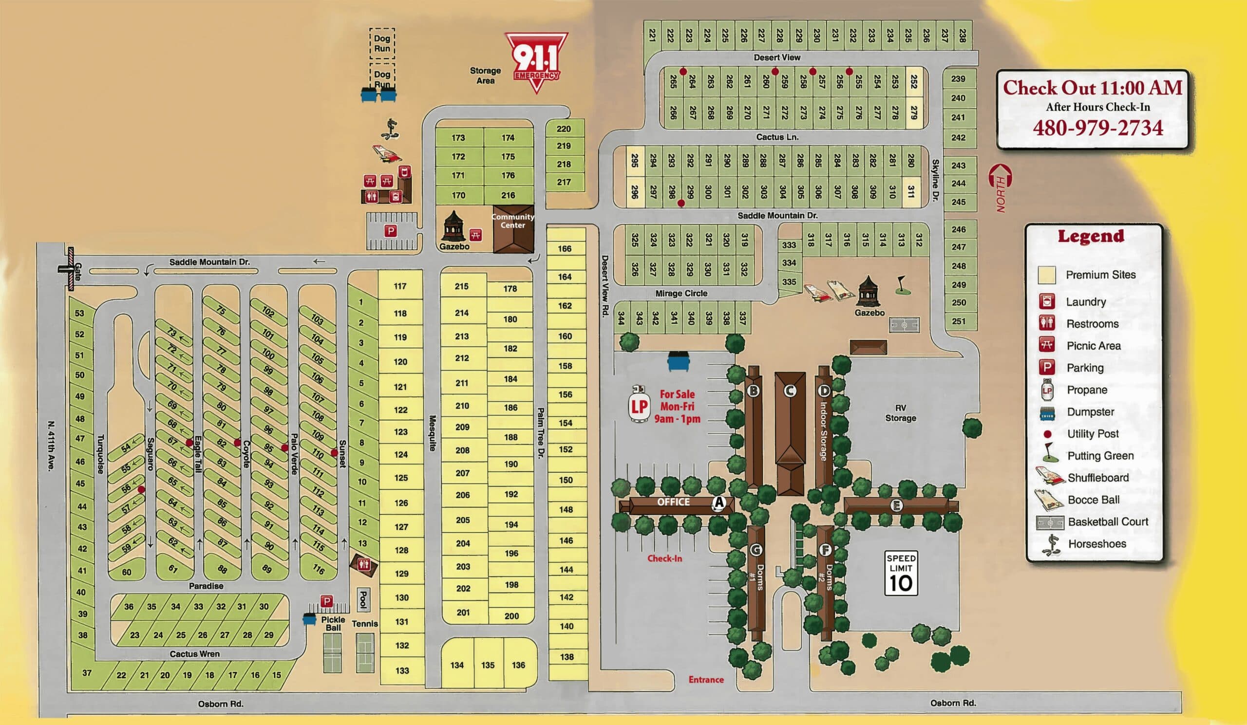 The Saddle Mountain RV Park map, showing numbered RV sites, the premium sections, the pool, pickleball and tennis courts, the community center, two gazebos, the dog runs, the storage areas and the two dorm buildings by the office.
